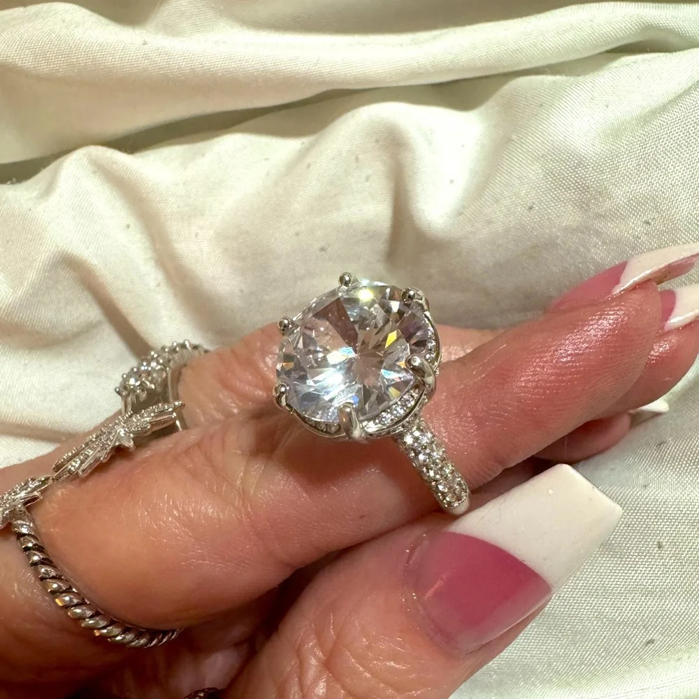 6ct 925 rhodium, plated simulated diamond engagement ring